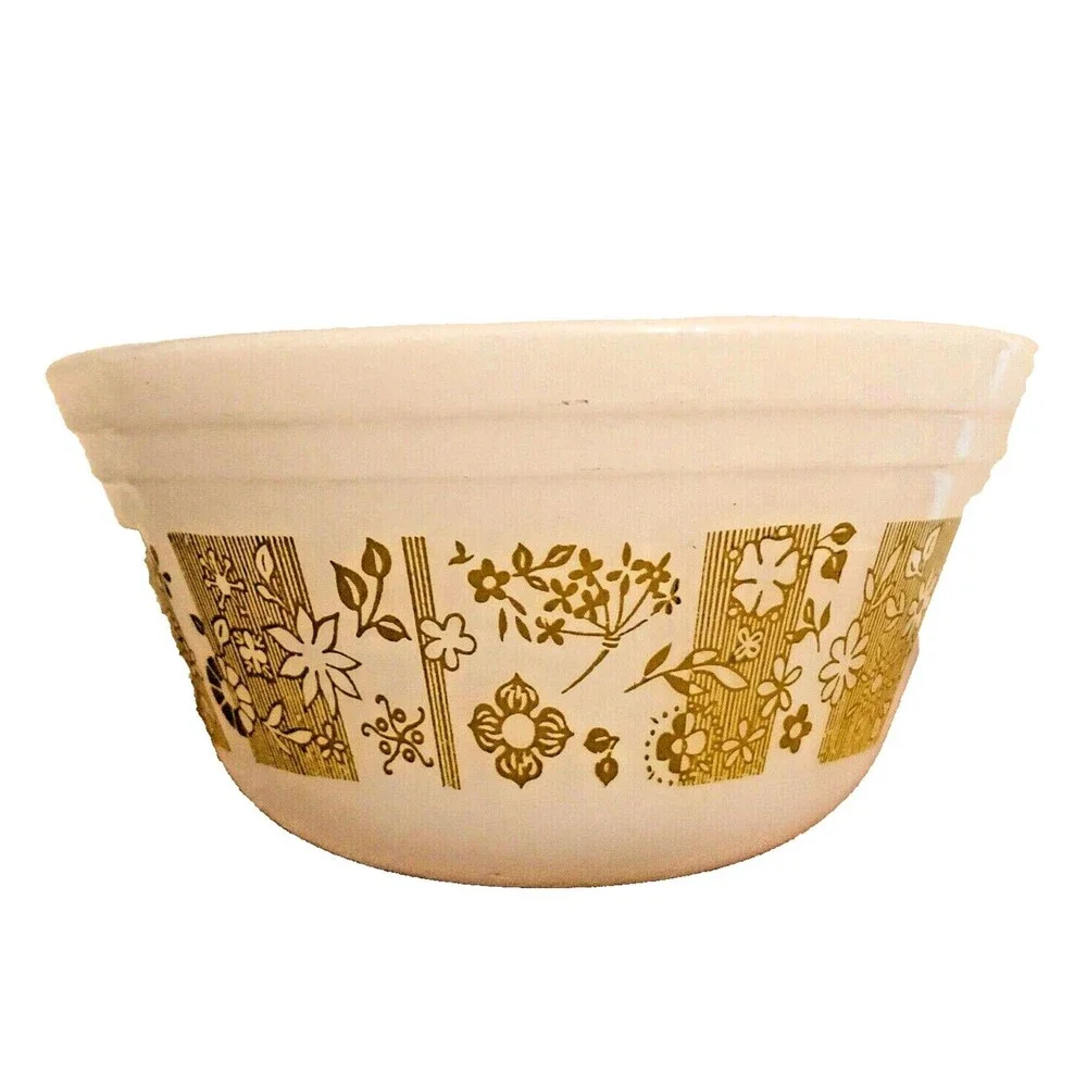 Federal Glass Mixing Bowl VTG 70s Avocado Green Tropical Floral 6